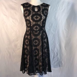 London Times Black Lace Overlay Tan Lining Fit and Flare Sleeveless Dress 4